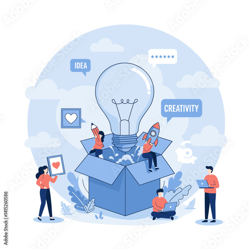 Creative Idea: A whimsical illustration shows creative minds unlocking the power of innovative ideas. A bright lightbulb shines. Surrounding them are the tools of their trade.