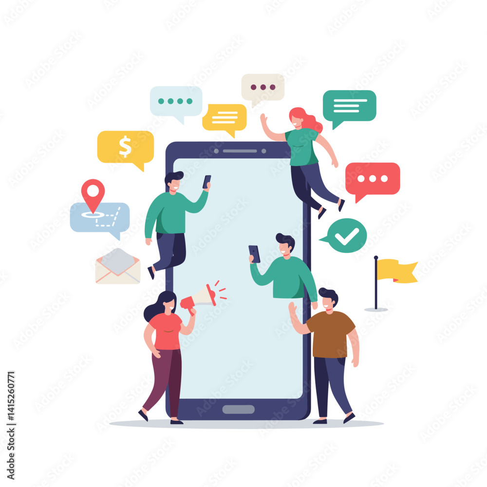 Connected World: Diverse individuals engage in communication and connection through a giant smart device, symbolizing a unified, digitally-driven world. Connected World: Diverse individuals engage in communication and connection through a giant smart device, symbolizing a unified, digitally-driven world.