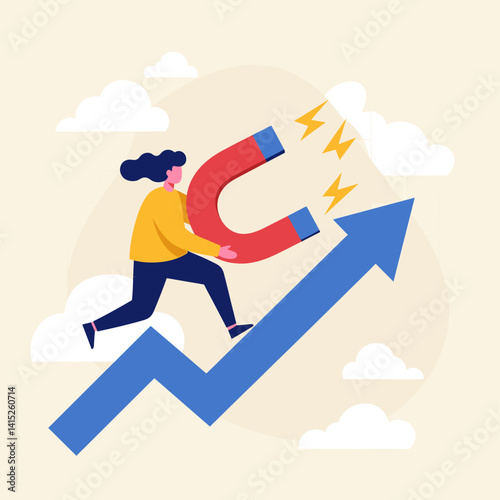 Attracting Growth: A dynamic illustration depicting a determined individual using a magnet to pull upward the metaphorical trajectory of growth, signifying the attainment of objectives.