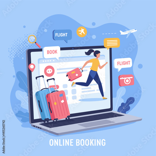 Online Booking Adventure: A vibrant digital illustration capturing the essence of travel planning, with a person rushing towards a flight reservation amidst symbolic elements.
