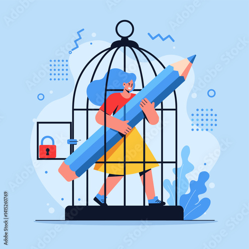 Uncaged Creativity: An artistic woman bursts forth from a cage, brandishing a giant pencil, symbolizing the liberation of thought and the power of creative expression. photo