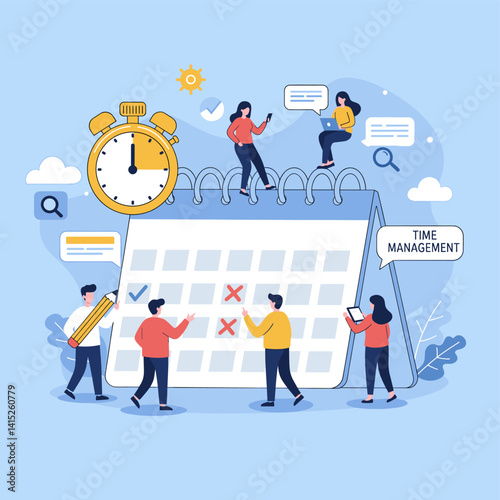 Time Management & Planning Illustration: A colorful illustration depicts a group of people working together, focused on a giant calendar and clock, all under the theme of time management.