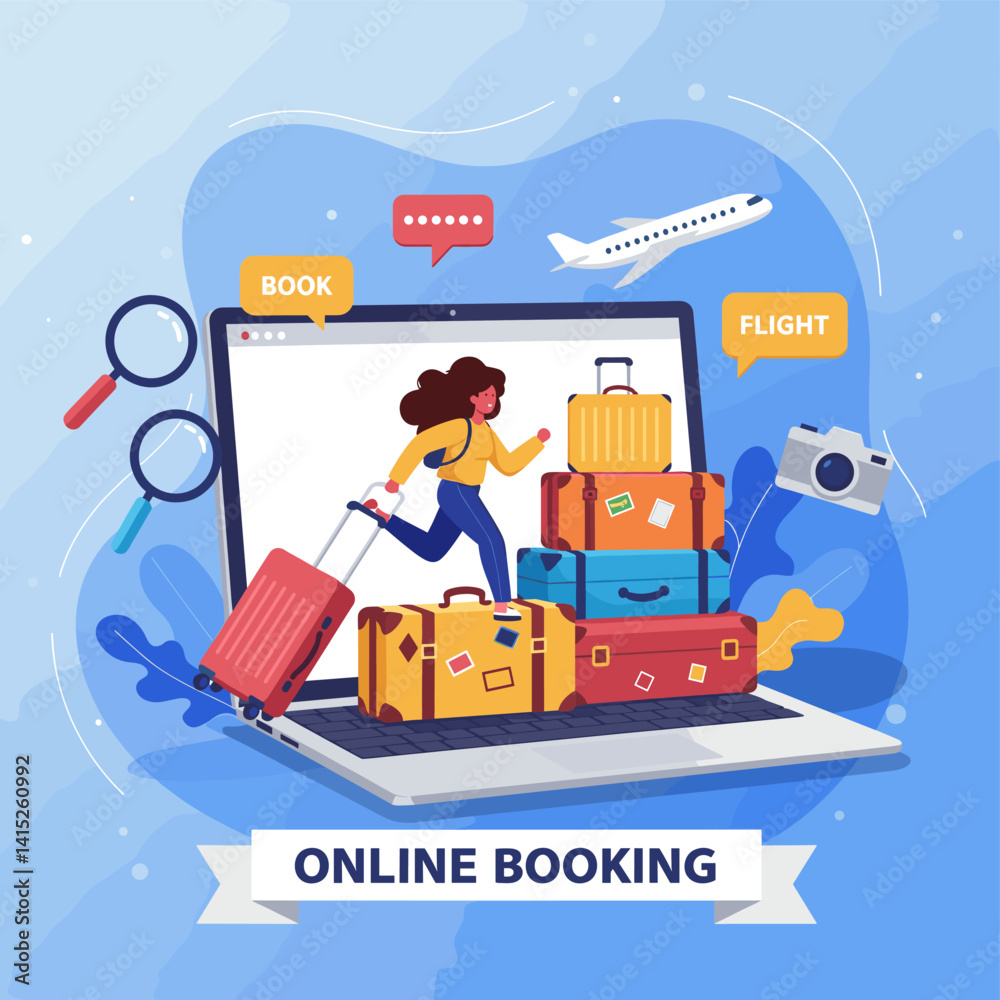 Online Booking Adventure: Embark on a virtual journey with this dynamic illustration of a woman navigating online travel booking platforms, surrounded by luggage, a camera, and the promise of flight. Online Booking Adventure: Embark on a virtual journey with this dynamic illustration of a woman navigating online travel booking platforms, surrounded by luggage, a camera, and the promise of flight.