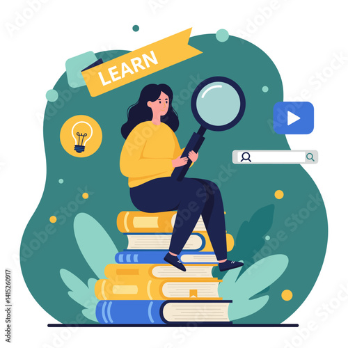 Discovering Knowledge: A student with magnifying glass on a stack of books surrounded by learning-themed elements, symbolizing education and research.