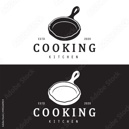 cooking kitchen logo design, modern cooking frying pan lines, microwave lines kitchen logo design vector icon illustration