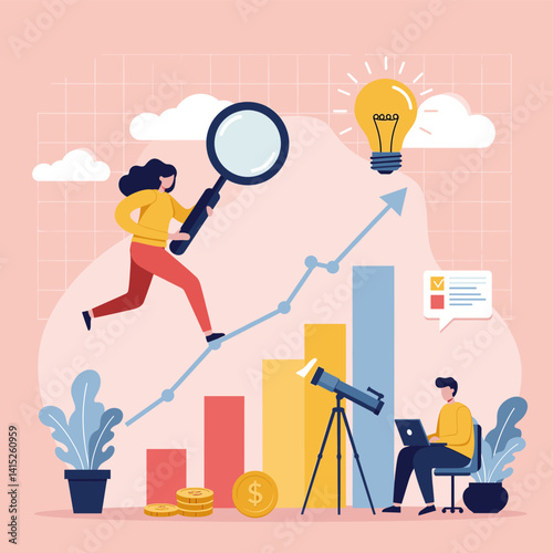 Growth Mindset and Innovation: A woman with a magnifying glass leaps upwards, symbolizing the pursuit of knowledge and progress.