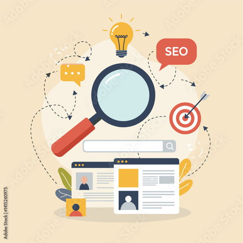 SEO Search and analysis: A graphic illustration of a search engine optimization(SEO) concept, utilizing symbols that represent the tools and elements related to search engine optimization(SEO).