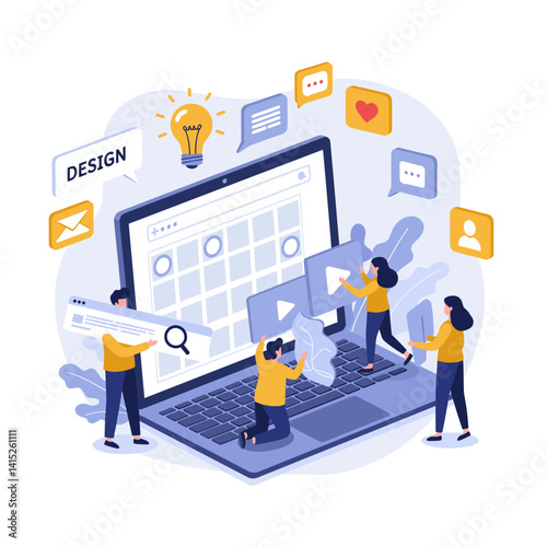 Digital Design Team at Work: A creative team collaborates around a laptop, bringing a digital design to life with focused energy and the glow of inspiration, symbolizing the evolution of an idea