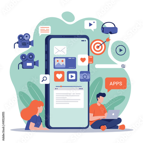 Smart Application: A vibrant illustration portrays a man and woman immersed in their digital world, exploring the endless possibilities of a sleek mobile app.
