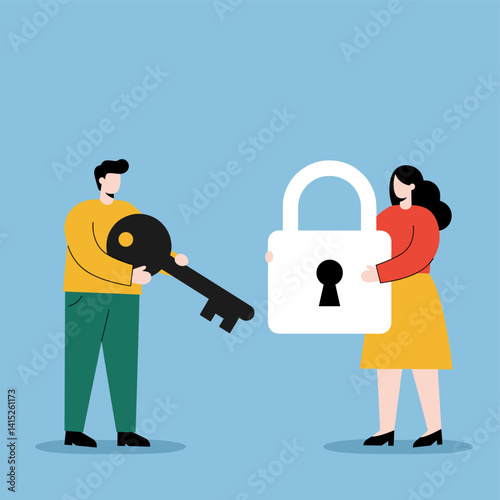 Security Exchange: A symbolic representation of data security, featuring a person with a key, and another person holding a lock, set against a light blue background.
