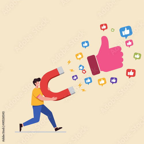 Magnet Attraction: A person attracts thumbs-up icons. An illustration depicts a person using a magnet to attract like symbols representing social media engagement, and popularity.