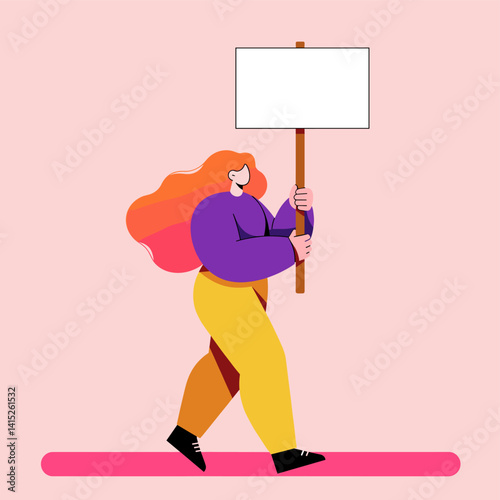 Protest Sign: A woman strides confidently, bearing a blank sign ready to convey a potent message in a stand of protest. The image is a graphic representation of empowerment and advocacy.