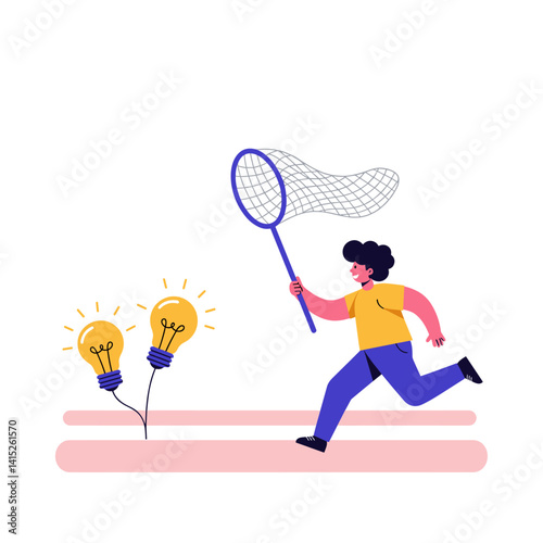 Catching Inspiration: An animated figure dashes toward a pair of glowing ideas, net in hand, symbolizing the active pursuit of innovation, creativity, and insight.