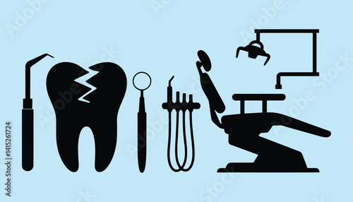 Dental Tools and Chair Silhouette Vector – Black Dentistry Instruments Including Tooth, Mirror, and Chair for Medical and Clinic Graphics