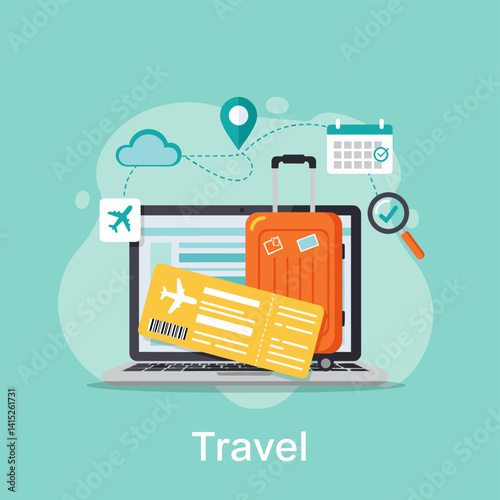 Travel Planning with Laptop: A vibrant illustration showcasing the ease of travel planning. It is highlighting the laptop, ticket, suitcase, location, and itinerary.