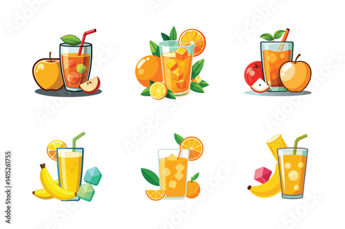 Assorted fruit juices with oranges, apples, and bananas
