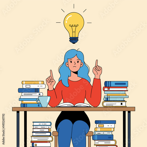 Idea Spark:  A young woman, immersed in a world of knowledge and surrounded by books, experiences an illuminating moment, symbolizing the power of inspiration, research, and creative thinking.  