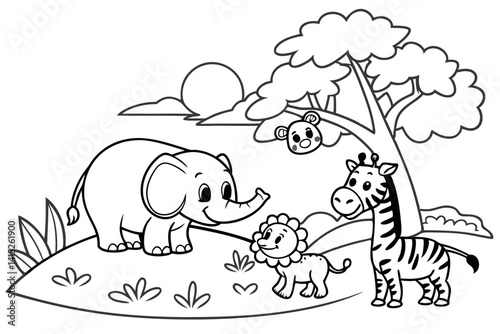 Coloring page cartoon safari animals group, colorless, uncolored, black and white