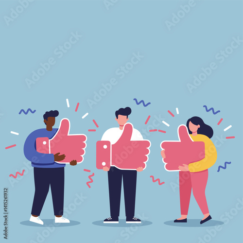 Approval: A diverse group of people proudly display large "thumbs up" symbols. Illustrating positive feedback, approval, and agreement in a vibrant graphic.