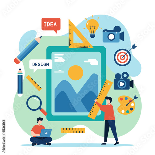 Visual Design & Creative Process: A vibrant and engaging illustration of the design process, showcasing creativity, innovation, and the tools of the trade.