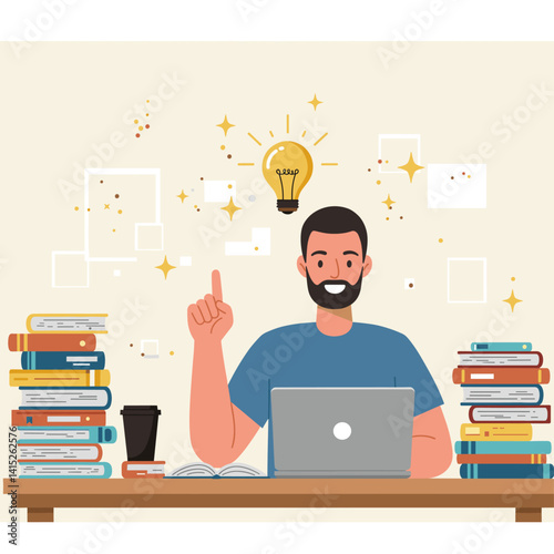 Eureka Moment: A creative professional, amidst stacks of knowledge, experiences a breakthrough. The lightbulb moment ignites new ideas and innovation.