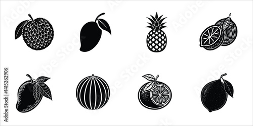Collection of black and white fruit icons