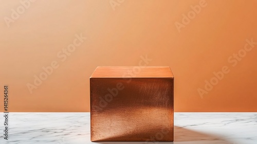 Solid copper cube on marble surface with orange background for modern geometric object photography.