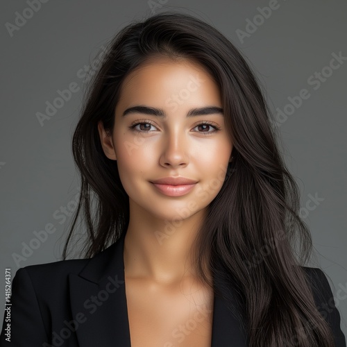 Hispanic female employee. ID photo, ID card, employee ID card. Passport photo. Studio background. AI generated.