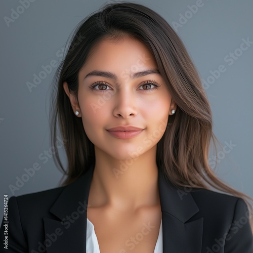 Hispanic female employee. ID photo, ID card, employee ID card. Passport photo. Studio background. AI generated.
