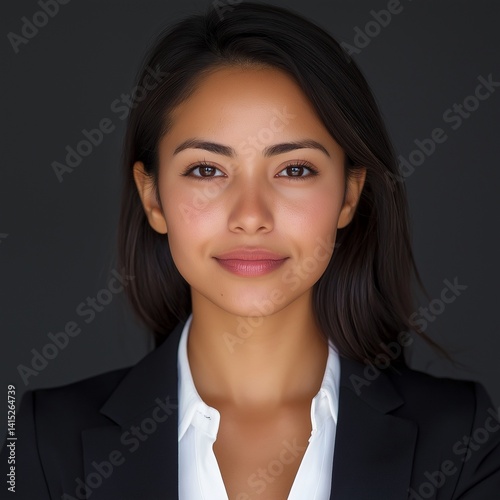Hispanic female employee. ID photo, ID card, employee ID card. Passport photo. Studio background. AI generated.