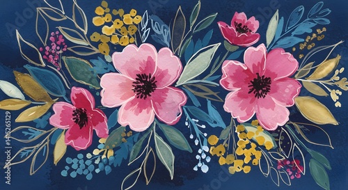 Floral Arrangement Painting Pink Flowers and Decorative Leaves on Blue