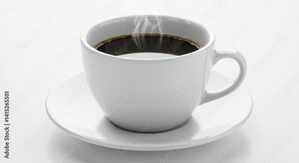 Obraz premium A close-up shot of a white ceramic coffee cup and saucer with dark aromatic liquid, showcasing minimalist design and glossy porcelain elegance