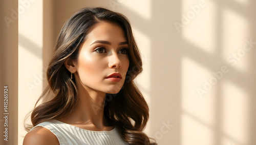 Elegant Woman Gazing Pensively, Sunlight Portrait Free Download Elegant Woman Gazing Pensively, Sunlight Portrait - GFXLoad