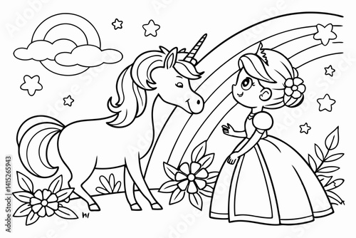 Coloring page Unicorn and Princess, colorless, uncolored, black and white
