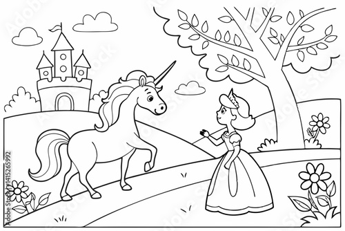 Coloring page Unicorn and Princess, colorless, uncolored, black and white