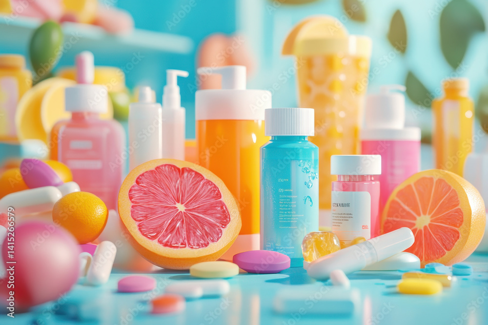 Various skincare products arranged neatly on a white shelf, including cleansers, moisturizers, and serums. Brightly colored packaging and different textures create an appealing display. Various skincare products arranged neatly on a white shelf, including cleansers, moisturizers, and serums. Brightly colored packaging and different textures create an appealing display.