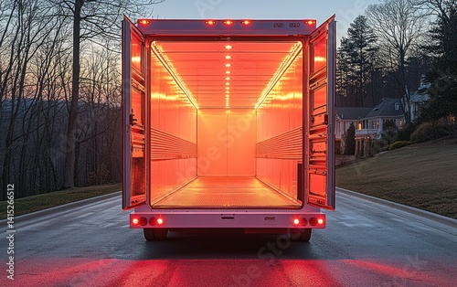 Empty truck bed, interior illuminated, doors open. Exterior residential backdrop