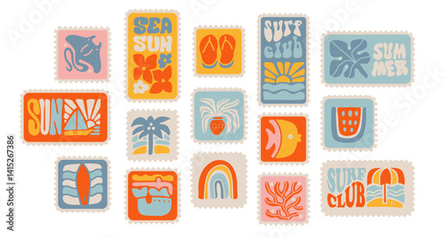 Set of vintage summer travel postage stamp. Retro style beach vacation postage sticker collection, summertime season mail postmark, tourism postal label with hand drawn lettering. Vector