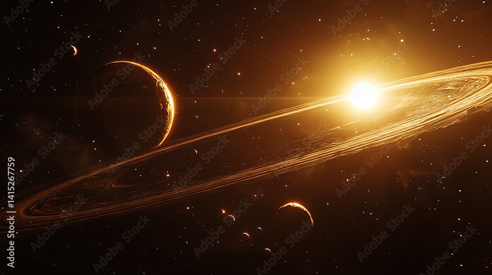 Fototapeta premium Golden ringed planetary system in deep space.