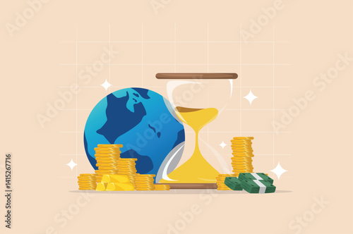 Global Finance and Time Value Illustration Hourglass with Flowing Sand Representing Time Turning into Gold Coins and Paper Currency with a World Globe Backdrop..