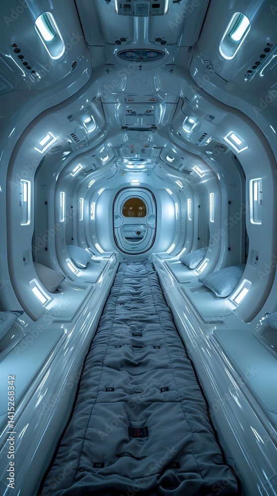 Fototapeta premium Futuristic Spaceship Cabin Interior Design with Sleek Pods and Comfortable Bedding