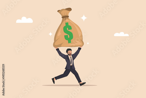 Businessman Running carry with Giant Money Bag Cartoon Style Vector Illustration of Financial Success and Wealth