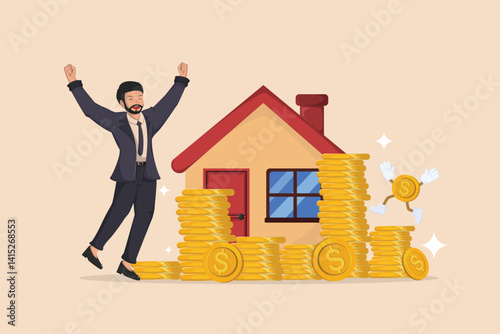 Happy Businessman Celebrating Financial Success with House Investment and Growing Stack of Coins