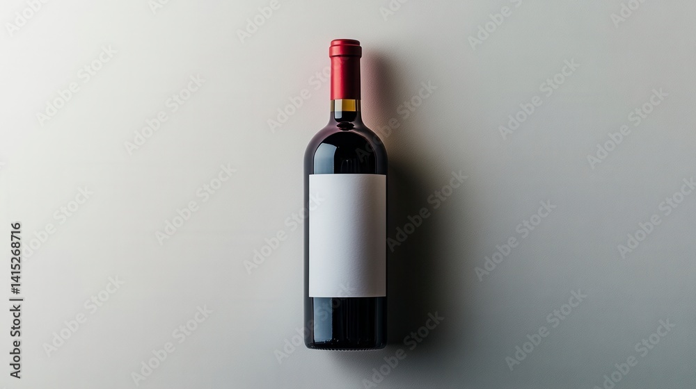 Overhead view of a red wine bottle with a blank white label against a light gray background. Overhead view of a red wine bottle with a blank white label against a light gray background.