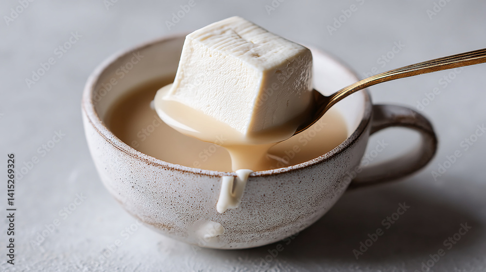 Fresh tofu scooped with spoon soy milk sheen elegant