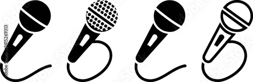 Black Microphone Icon Set With Cord On White Background For Karaoke Entertainment