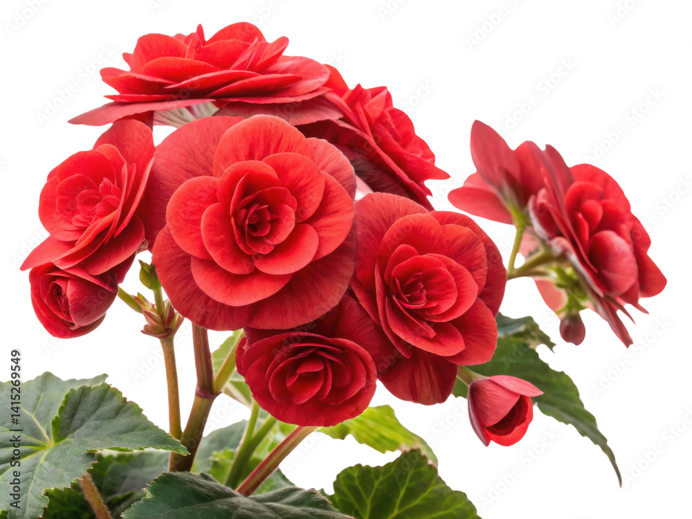 Obraz premium Beautiful begonia flowers bloom vibrantly, showcasing their rich red petals and lush green leaves, creating stunning floral display
