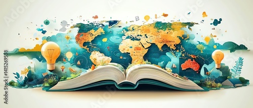 futuristic global travel collage with maps, education icons like books and bulbs, and generative AI elements, symbolic of knowledge exchange, creative bright visuals
