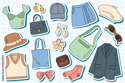 Cute spring fashion accessories in sticker format with white outline. Ideal for planners, scrapbooking, and printable sticker packs.