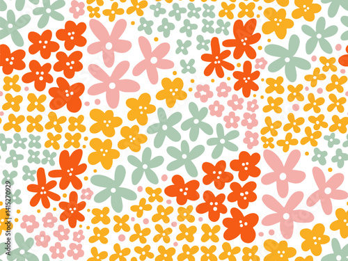 Vintage nostalgic 70s groovy seamless pattern. Hippie style summer print. Vintage floral background. Textile and surface design in old fashioned colors. Vector hand drawn flat illustration.